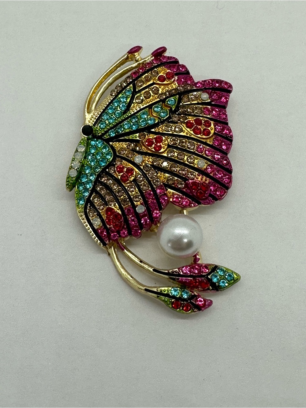 Multicolor Crystal Butterfly Brooch with Pearl Accent Fashion jewelry